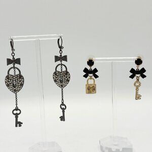 Betsey Johnson Heart Lock & Key Dangle Earrings Set Bow Crystal Gray Black Gold